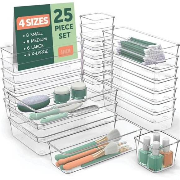 Clear Plastic Drawer Organizer Bins 25pc Set Makeup Kitchen Bathroom Storage - Picture 1 of 7